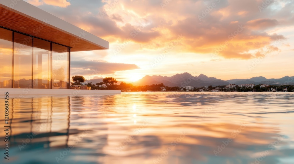 Fototapeta premium A stunning sunset over a luxurious poolside setting, featuring striking reflections on water's surface and majestic mountains in the background, capturing serenity and elegance.