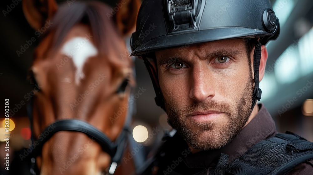 The close-up of a mounted officer exudes strength and determination, illustrating the blend of human resilience and the bond with their horse in an urban setting.