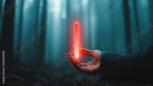 A hand reaches out to grasp a glowing vertical beam of light amidst a misty landscape, symbolizing hope, guidance, and the search for answers in the obscurity of life. photo