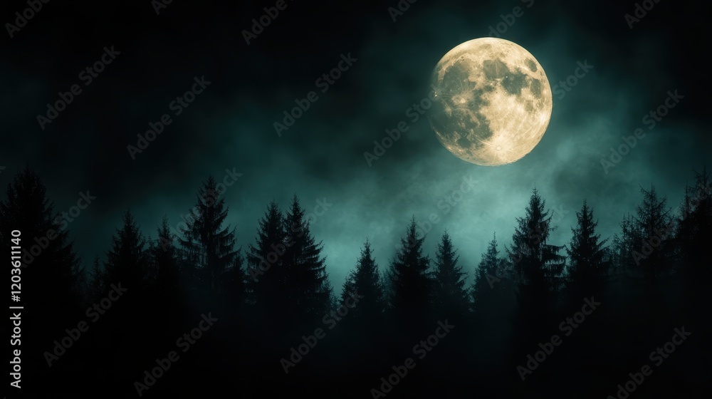A captivating scene of a large, luminous moon shining brightly over a silhouette of dark, misty trees, capturing the essence of a serene, mystical night. A captivating scene of a large, luminous moon shining brightly over a silhouette of dark, misty trees, capturing the essence of a serene, mystical night.