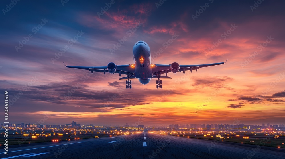 Majestic Airplane Landing at Sunset: A Breathtaking Aerial View of a Modern Aircraft Approaching the Runway During a Vibrant Twilight Majestic Airplane Landing at Sunset: A Breathtaking Aerial View of a Modern Aircraft Approaching the Runway During a Vibrant Twilight