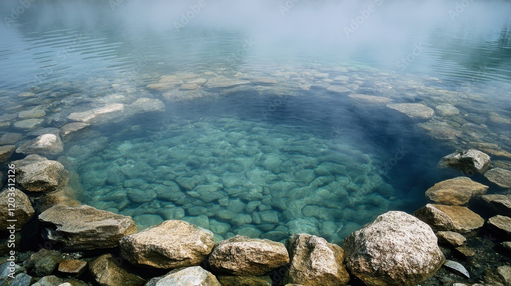 Clear water in a natural hot spring, surrounded by rocks and steam rising in the air. Clear water in a natural hot spring, surrounded by rocks and steam rising in the air.