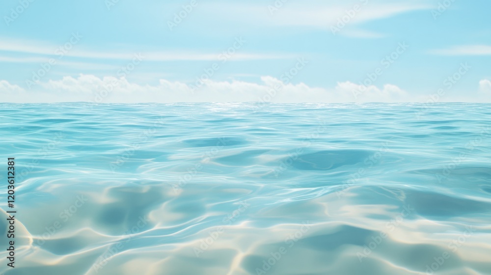 Fototapeta premium Clear water ripples gently on a pristine sandy beach under a bright blue sky.