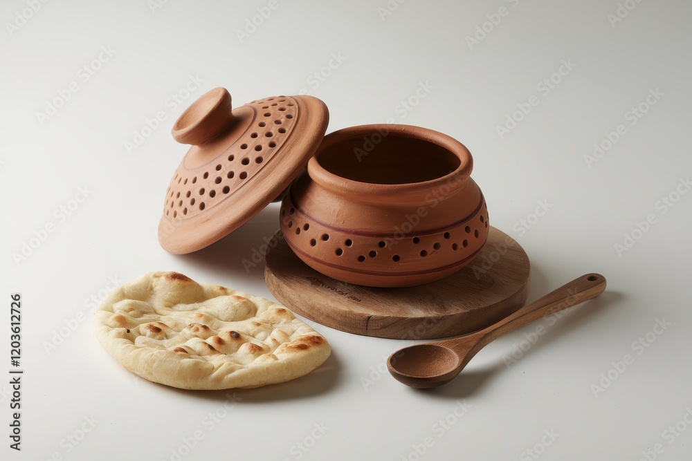 Clay pot with lid naan bread and wooden spoon Clay pot with lid naan bread and wooden spoon