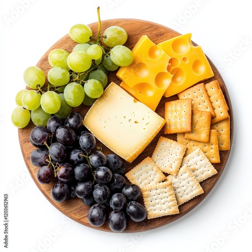 Wooden plate with assorted grapes and cheese displaying natural cracks and texture in a rustic setting