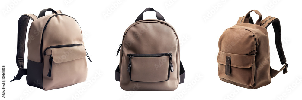Fototapeta premium A Set of Stylish Classic School Backpack in Neutral Tones, Comfortable Design Isolated on Transparent Background