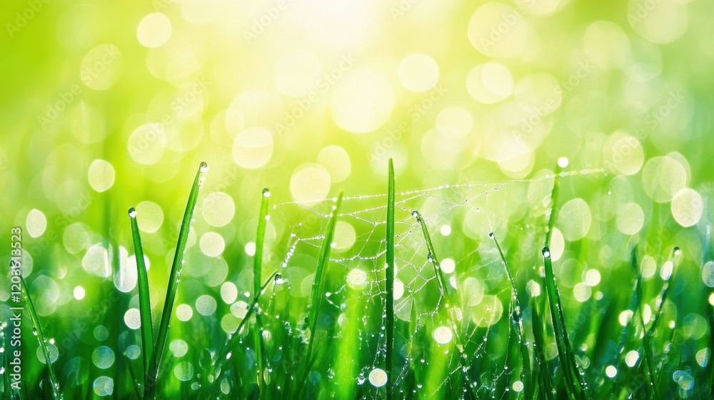 Obraz premium Sunlight sparkling on dewdrops covering a spider web in a grassy field.