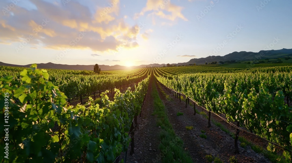 Fototapeta premium A field of grape vines with a beautiful sunset in the background
