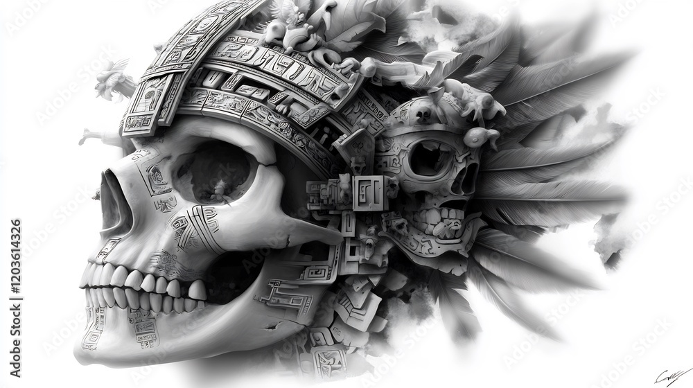 Fototapeta premium Monochromatic depiction of an Aztec skull with feathers and detailed carvings and textures