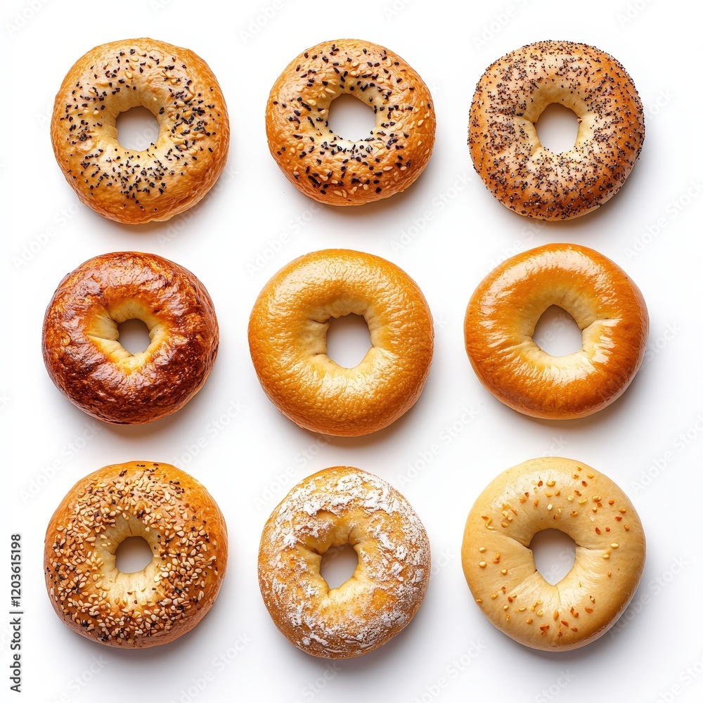 Variety of bagels arranged on a white background showcasing different flavors and toppings Variety of bagels arranged on a white background showcasing different flavors and toppings