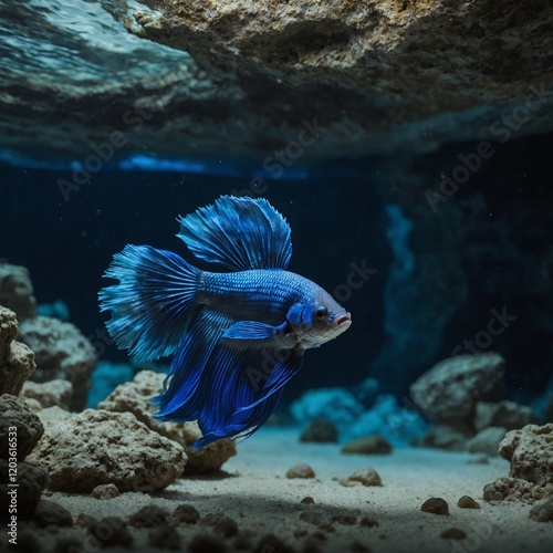 A Betta fish with cobalt blue and white fins framed by a serene underwater cave.