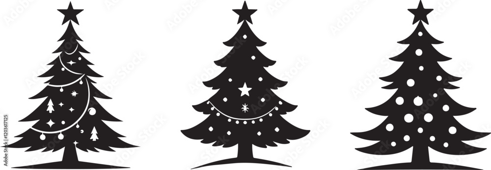 Fototapeta premium Christmas tree silhouette vector art illustration. Black and white Christmas tree vector illustration.