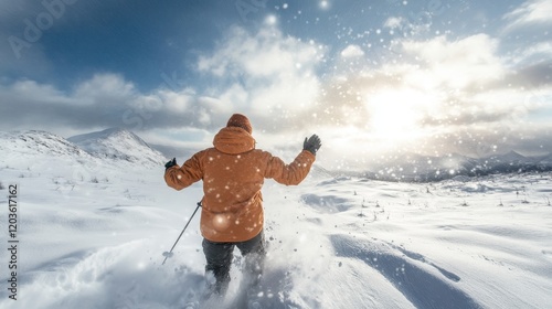 A person enjoys a breathtaking snowy landscape while skiing, showcasing adventure, serenity, and the beauty of nature in a winter wonderland ambiance. photo