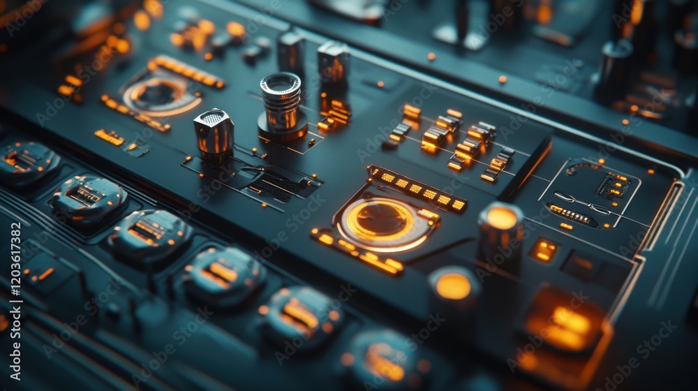 Futuristic control panel with glowing buttons and dials, showcasing advanced technology in a dark setting Futuristic control panel with glowing buttons and dials, showcasing advanced technology in a dark setting
