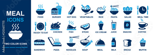 Meal icons collection including vegetables, steak, fish, chicken, burger, pizza, juice, soup, sandwich, bread, ice cream, snacks etc icons.
