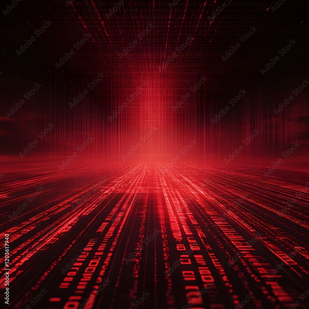 Fototapeta premium Binary code background, black and red color matrix, with lines creating a technological atmosphere