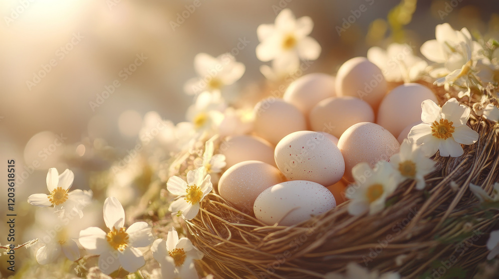 Nest of delicate eggs surrounded by blossoming flowers in a tranquil natural setting captured in soft morning light for nature lovers Nest of delicate eggs surrounded by blossoming flowers in a tranquil natural setting captured in soft morning light for nature lovers
