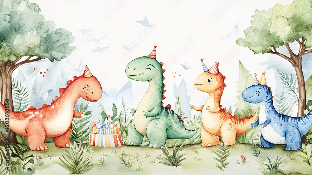 The image depicts a whimsical scene of four dinosaur friends wearing party hats, gathered around a table with gifts and presents in a lush, green, jungle-like setting