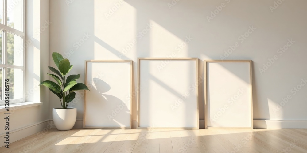 Sunlit Room Interior with Blank Frames and Potted Plant Sunlit Room Interior with Blank Frames and Potted Plant