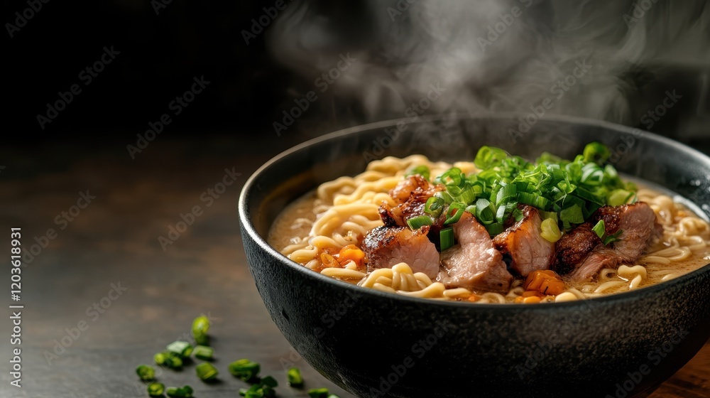 A beautiful bowl of sizzling noodles accented with bright green onions, embodying warmth and satisfaction which makes it an ideal representation of culinary delights. A beautiful bowl of sizzling noodles accented with bright green onions, embodying warmth and satisfaction which makes it an ideal representation of culinary delights.