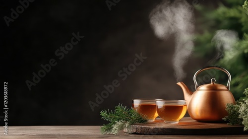 An inviting setting showcasing a copper teapot alongside two clear glasses filled with herbal tea, enhanced by gentle steam and natural greenery in the backdrop. photo