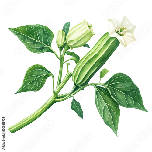 Malvaceae in Watercolor style painting of okra on a branch, watercolor okra plant with leaves illustration isolated on white background, mallows photo