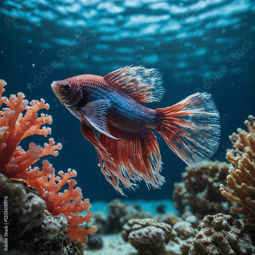 A Betta fish with feathery fins swimming near soft coral in a brightly lit underwater scene.