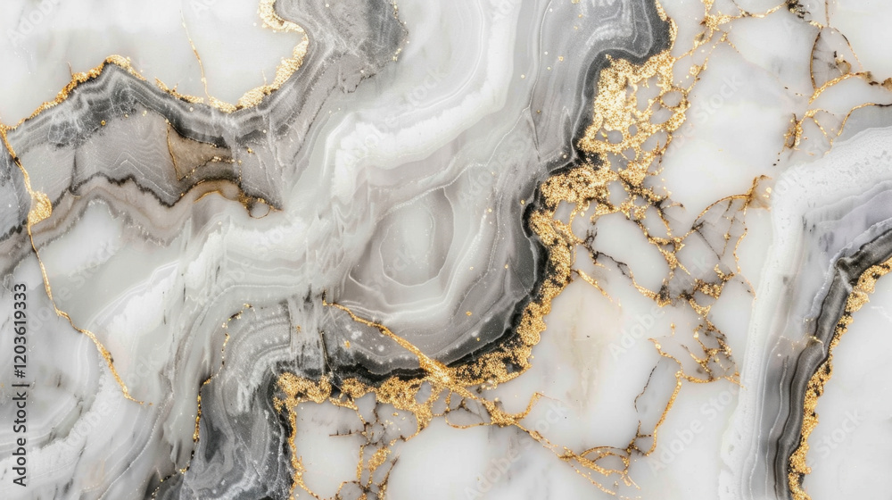 Fototapeta premium Elegant marble texture featuring gray and white swirls with gold veins, perfect for backgrounds or design elements. This luxurious pattern adds sophistication to any project