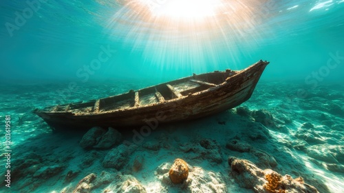 A stunning image of a forgotten boat resting on the ocean floor, bathed in warm sunlight rays, which adds a magical and tranquil quality to the underwater scene. photo