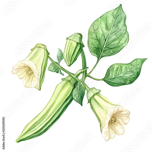 Malvaceae in Watercolor style painting of okra on a branch, watercolor okra plant with leaves illustration isolated on white background, mallows photo