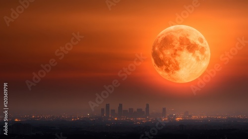 A majestic full moon rises above the city skyline, casting a warm orange glow over the glittering lights, evoking a sense of wonder and beauty amidst urban life.