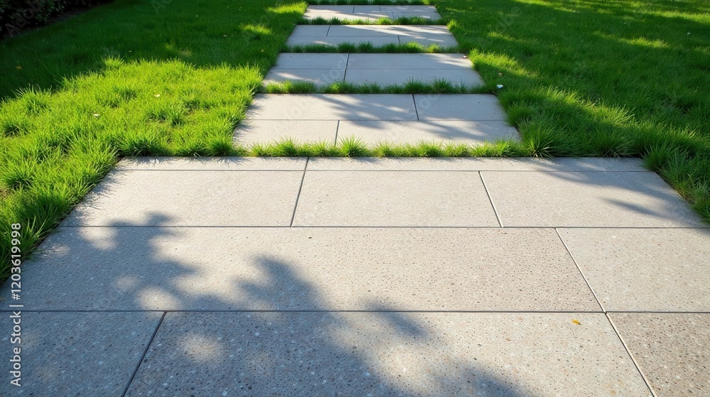 Obraz premium Sun-Dappled Pathway Through Lush Green Grass A Serene Outdoor Scene Featuring a Stone Walkway