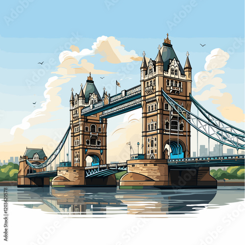 Tower Bridge hand-drawn comic illustration. Tower Bridge. Vector doodle style cartoon illustration