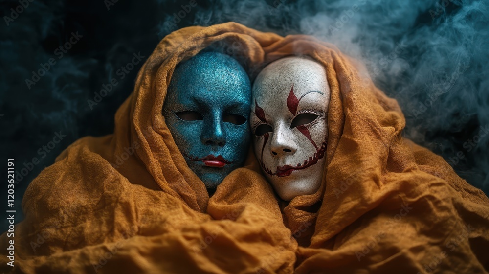 Two striking masks shrouded in colorful fabric and smoke, evoking a sense of intrigue and emotion, perfect for capturing the essence of masquerade and mystery. Two striking masks shrouded in colorful fabric and smoke, evoking a sense of intrigue and emotion, perfect for capturing the essence of masquerade and mystery.