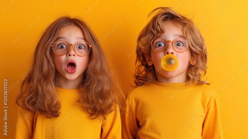 Two excited kids in matching yellow outfits expressing joy, one blowing a bubble with bubblegum, showcasing a moment filled with innocence and playfulness. Two excited kids in matching yellow outfits expressing joy, one blowing a bubble with bubblegum, showcasing a moment filled with innocence and playfulness.