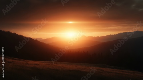 A breathtaking view of a glorious sunset illuminating the misty mountains, creating a tranquil atmosphere filled with nature's beauty and serenity.