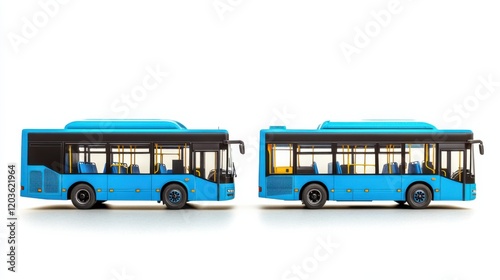 Two blue buses parked side by side on a white background, showcasing their design and features
