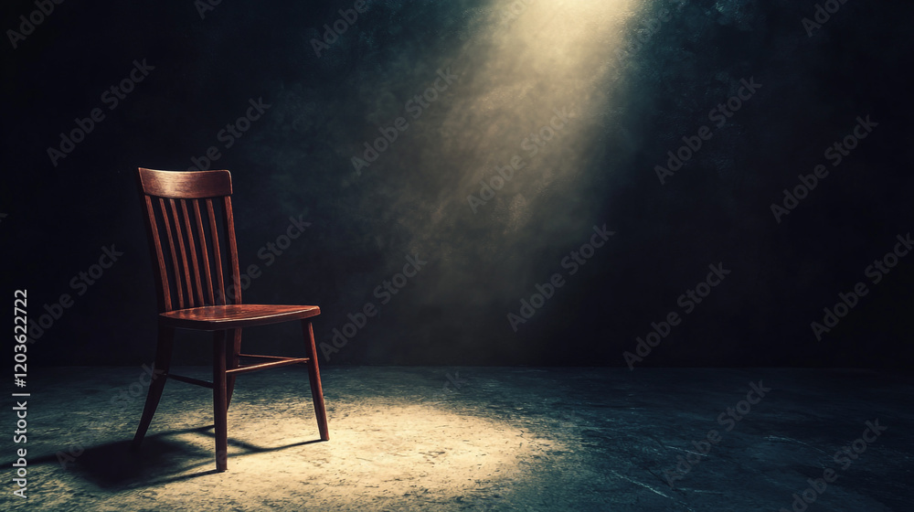 A solitary chair in a dimly lit room, highlighted by a dramatic single spotlight, creating a moody and atmospheric scene. A solitary chair in a dimly lit room, highlighted by a dramatic single spotlight, creating a moody and atmospheric scene.