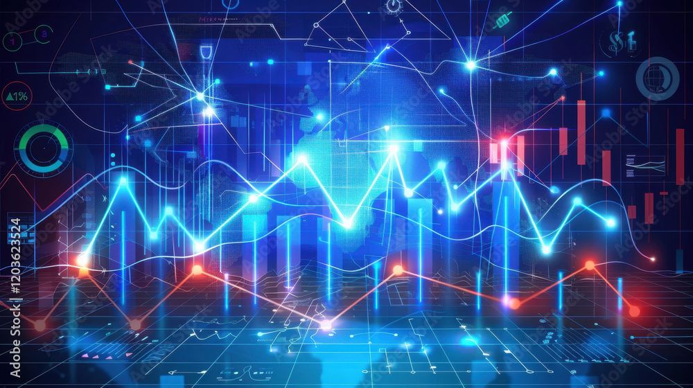 Digital data visualization with glowing graphs and charts Digital data visualization with glowing graphs and charts