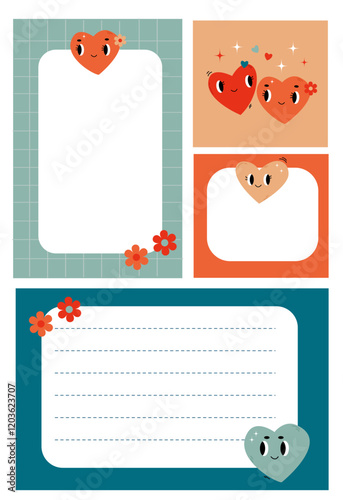 a set of different note cards with colored hearts with smiles and flowers