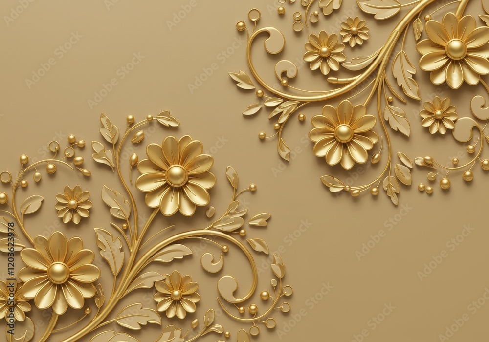 A 3D decorative design featuring intricate golden flowers and leaves in various sizes A 3D decorative design featuring intricate golden flowers and leaves in various sizes