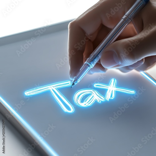 Hand writing tax concept with a glowing pen on digital tablet. photo