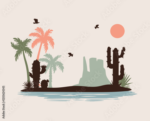 oasis in the desert silhouette landscape with cacti and rocks and palm trees vector