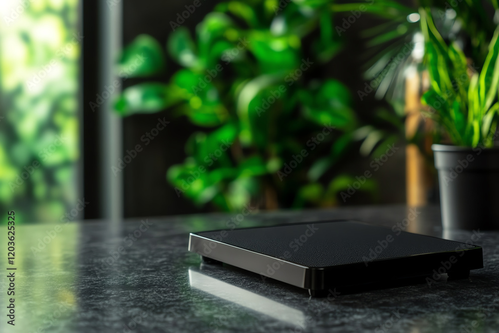 A sleek black digital scale is elegantly placed on a marble countertop, surrounded by lush greenery, showcasing modern living. A sleek black digital scale is elegantly placed on a marble countertop, surrounded by lush greenery, showcasing modern living.
