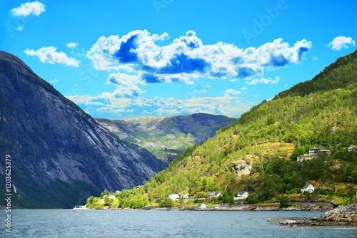 The Eidfjord is the easternmost arm of the Hardangerfjord in the Fylke Vestland in Norway. The Eidfjord is a foothill to the east of the city of Bergen. photo