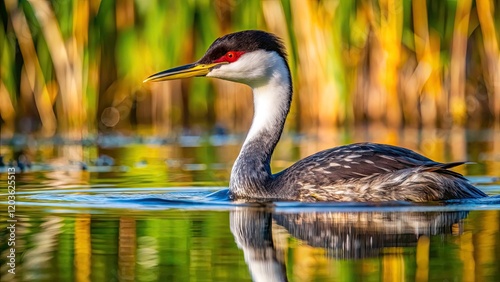 Western Grebe Swimming in Arrowhead Marsh - Macro Photography of Elegant Bird, Nature Photography, Wildlife, Aquatic Life, Marsh Habitat, Vibrant Colors, Close-Up, Natural Environment, Birdwatching photo