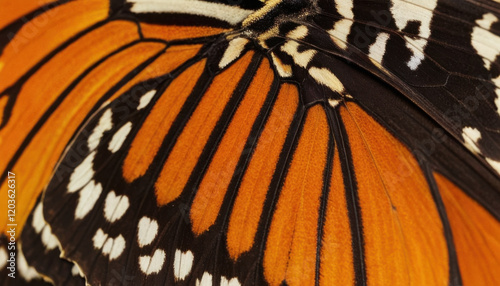 Close-up of butterfly wings with orange and black patterns