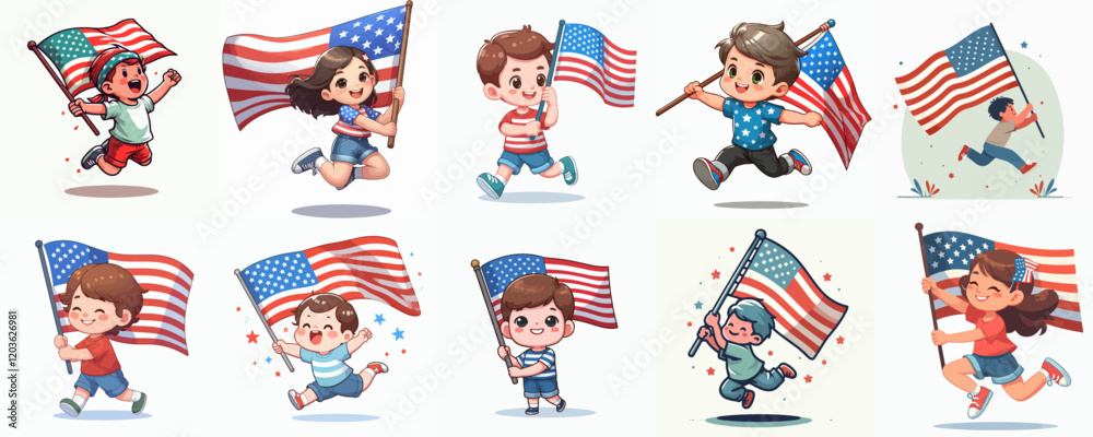 Obraz premium illustration of child carrying USA flag. USA independence day