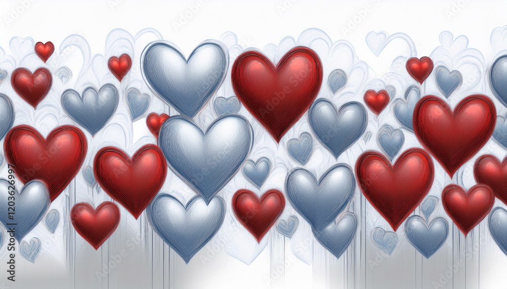 Pattern with hand painted hearts on white background; seamless border Pattern with hand painted hearts on white background; seamless border