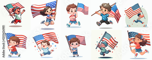 illustration of child carrying USA flag. USA independence day